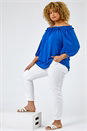 Royal Blue Curve Frill Detail Bardot Top , Image 4 of 6