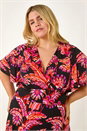 Pink Curve Leaf Print Wrap Midi Dress, Image 4 of 5