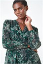 Green Animal Print Button Up Front V-Neck Blouse, Image 4 of 5