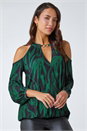 Forest Green Abstract Print Cold Shoulder Chiffon Top, Image 1 of 5