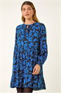 Blue Floral Print Tie Front Smock Dress, Image 2 of 5