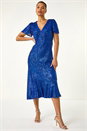 Royal Blue Sequin V-Neck Stretch Midi Dress , Image 3 of 5