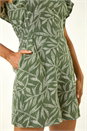 Khaki Leaf Print Linen Blend Playsuit, Image 5 of 5