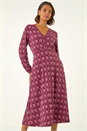 Red Geo Print V-Neck Stretch Midi Dress, Image 1 of 5