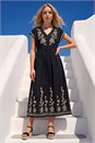Black Embroidered V-Neck Midi Dress, Image 1 of 4