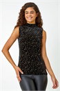 Gold Velvet Star Print Polo Neck Stretch Top, Image 1 of 5