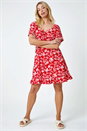 Red Dusk Floral Print Frill Hem Mini Dress, Image 4 of 5