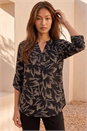 Beige Textured Abstract Print V-Neck Stretch Shirt, Image 1 of 4