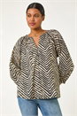 Black Linear Print V-Neck Blouse, Image 4 of 5