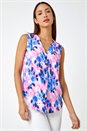 Pink Sleeveless V-Neck Floral Pleat Front Top, Image 2 of 5