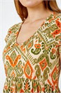 Khaki Aztec Print Tiered Tea Dress, Image 5 of 5