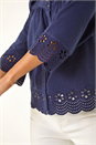 Navy  Button Up Broderie Stretch Blouse, Image 5 of 5