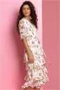 Cream Floral Chiffon Frill Tiered Wrap Midi Dress, Image 1 of 5