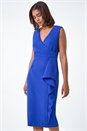Royal Blue Wrap Draped Crepe Stretch Bodycon Dress, Image 1 of 5