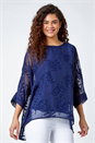 Navy  Leaf Burnout Print Chiffon Overlay Top, Image 1 of 5