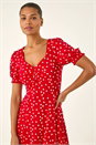 Red Polka Dot Sweetheart Neck Stretch Midi Dress, Image 4 of 5