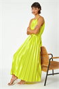 Lime Sleeveless Pleated Halter Neck Midi Dress, Image 1 of 5