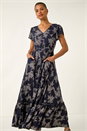 Navy  Leaf Print V-Neck Maxi Dress, Image 4 of 5