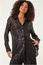 Black Sequin Button Through Stretch Blouse, Image 1 of 5