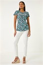 Navy  Floral Print Ladder Trim Stretch Top, Image 2 of 5