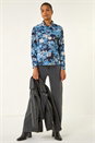 Blue Floral Print Cowl Neck Top, Image 2 of 5