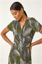 KHAKI Leaf Print Ring Detail Midi Dress, Image 4 of 5