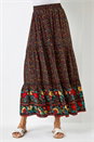 Black Floral Print Elastic Waist Tiered Maxi Skirt, Image 1 of 5
