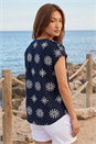 Navy  Embroidered V-Neck Pleat Top, Image 3 of 4