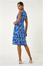 Royal Blue Floral Print Gathered Side Midi Dress, Image 3 of 5