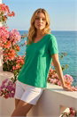 Green Shimmer V-Neck Top, Image 1 of 5