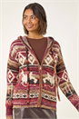 Burgundy Jacquard Zip Hooded Cardigan, Image 1 of 5