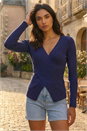 Navy Wrap Front Ribbed Knit Top, Image 1 of 4