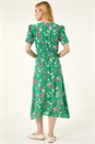 Green Floral Ruched Sleeve Dress, Image 4 of 5