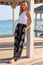 Black Mono Border Print Belted Trouser, Image 1 of 4