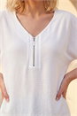 White Petite Zip Front V-Neck Top , Image 4 of 4