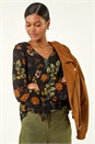 Black Floral Print V-Neck Stretch Lace Top, Image 1 of 5
