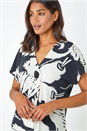 Black Palm Print Button Detail V-Neck Top, Image 1 of 5