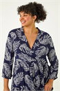 Navy  Curve Leaf Print Wrap Smock Dress, Image 4 of 5