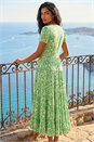 Green Floral Print Ruched Sleeve Midi Dress, Image 2 of 4