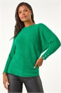 Green Button Sleeve Fluffy Jumper, Image 4 of 5