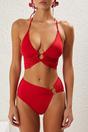 Red Halterneck Ring Detail Ruched Bikini Set, Image 3 of 4