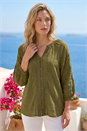 Khaki Embroidered Cotton Sleeve Blouse , Image 2 of 4