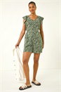Khaki Leaf Print Linen Blend Playsuit, Image 2 of 5