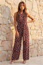 Brown Spot Pleat Neck Jumpsuits, Image 1 of 4