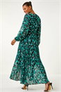 Teal Abstract Print Wrap Front Pleated Maxi Dress, Image 3 of 5