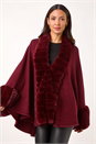 Wine Faux Fur Trim Knitted Poncho, Image 2 of 5
