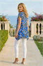 Royal Blue Textured Leaf Print Stretch Tunic Top, Image 3 of 4