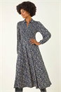 Navy  Ditsy Floral Print Shirred Midi Dress, Image 2 of 5