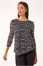 Black Linear Print Asymmetric Hem Stretch Top, Image 1 of 5