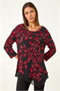 Red Floral Print Chiffon Hem Stretch Top, Image 2 of 5